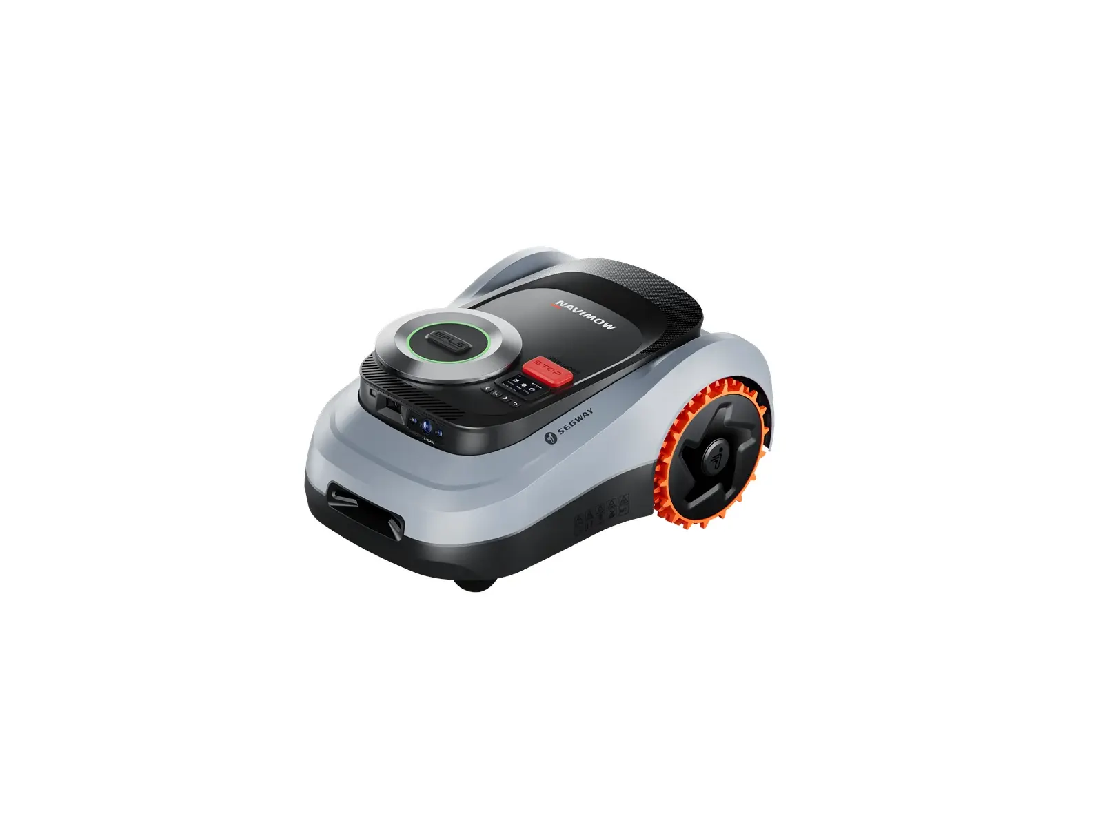 Segway Navimow i215E LiDAR med lasersensor og oransje drivhjul