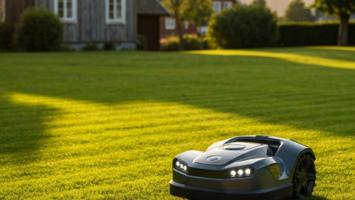 Mova robotgressklipper på en velpleid norsk hageplen i kveldssol