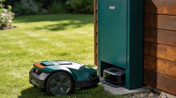 Robotgressklipper-garasje ved ladestasjon på en ryddig plen